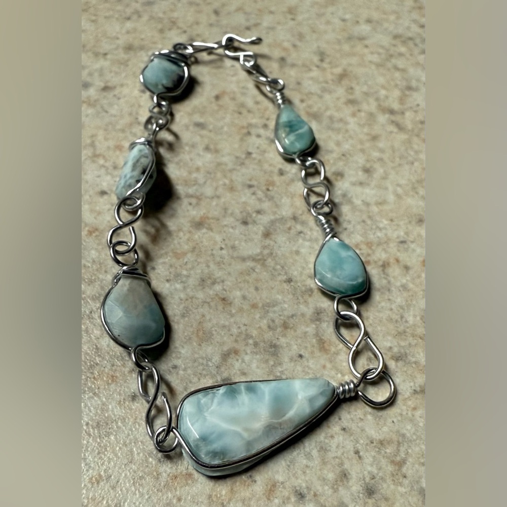 Genuine Larimar Stone Bracelet | Caribbean Blue Gemstone | Silver Wire Wrapped - Picture 4 of 4